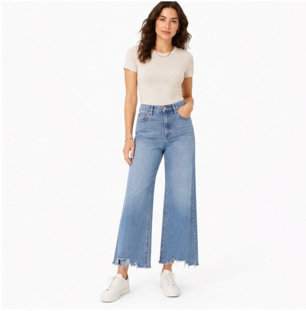 DL1961 Goldie High Rise Tapered Jeans Size 32x30 Medium Wash Raw Hem